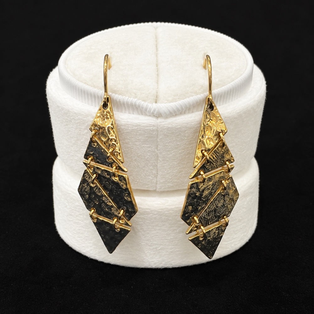 Vtg Geometric Tiered Drop Earrings Gold Tone Hammered Brutalist Dangle